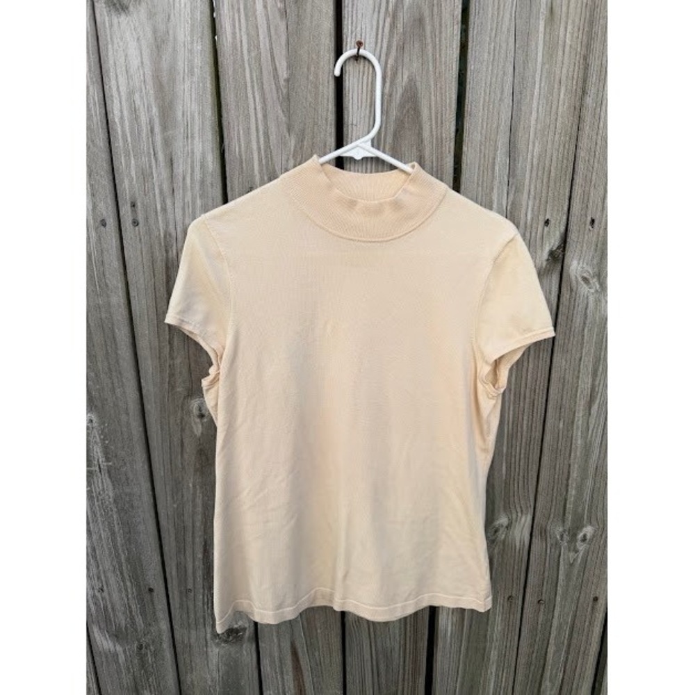 Quiet Luxury Minimalist Jones New York Silk Blend Top M Yellow Mock Neck Ribbed